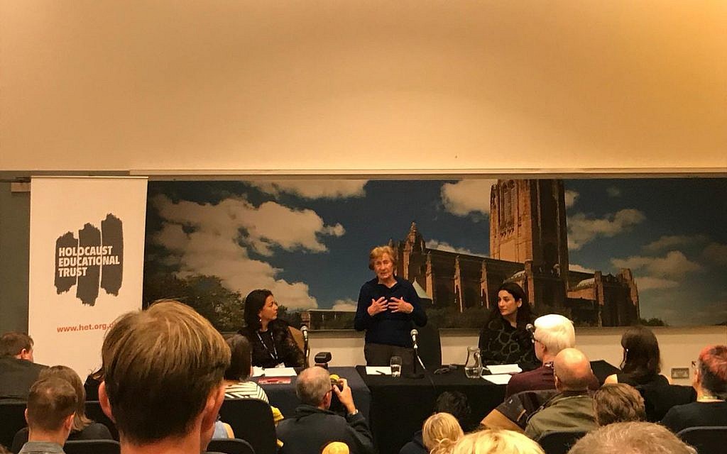 Susan Pollack addressing the HET fringe event at Labour conference, flanked by chief Executive Karen Pollock and MP Luciana Berger