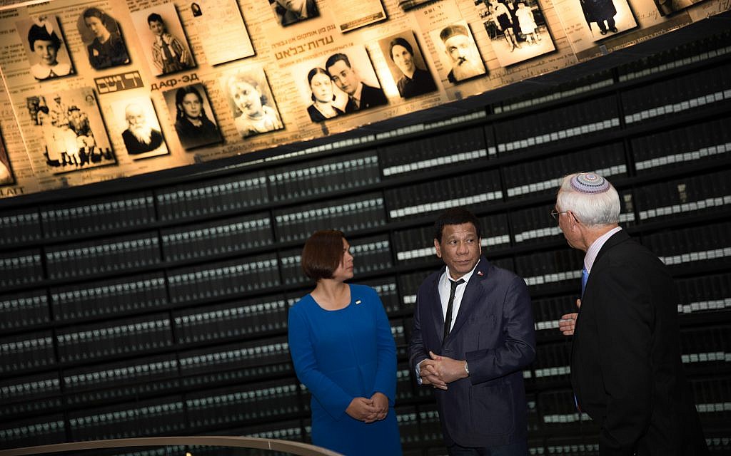 Philippine President Rodrigo Duterte and his daughter Sarah looks up and around at the 'Hall of Names' in the Yad Vashem Holocaust memorial museum in Jerusalem, 03 September 2018. Photo by: JINIPIX Philippine President Rodrigo Duterte and his daughter Sarah looks up and around at the 'Hall of Names' in the Yad Vashem Holocaust memorial museum in Jerusalem, 03 September 2018. Photo by: JINIPIX