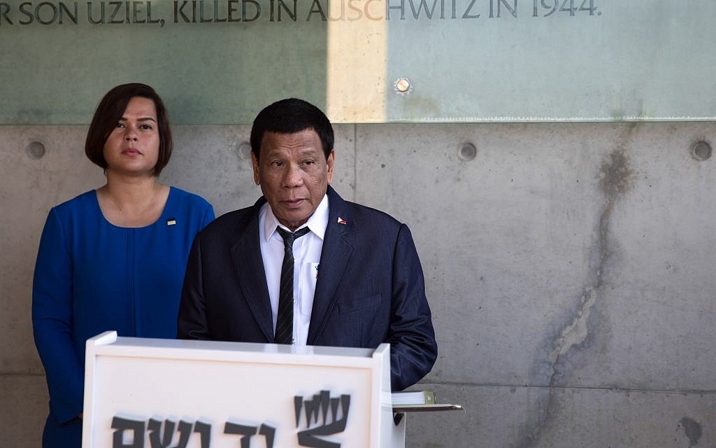 Philippine President Rodrigo Duterte and his daughter Sarah at the signing of the guest book at the Yad Vashem Holocaust memorial museum in Jerusalem, 03 September 2018. Photo by: JINIPIX Philippine President Rodrigo Duterte and his daughter Sarah at the signing of the guest book at the Yad Vashem Holocaust memorial museum in Jerusalem, 03 September 2018. Photo by: JINIPIX