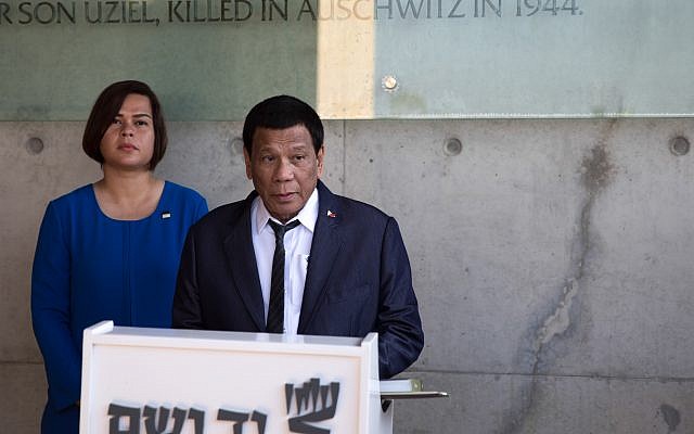 Philippine President Rodrigo Duterte and his daughter Sarah at the signing of the guest book at the Yad Vashem Holocaust memorial museum in Jerusalem, 03 September 2018. Photo by: JINIPIX