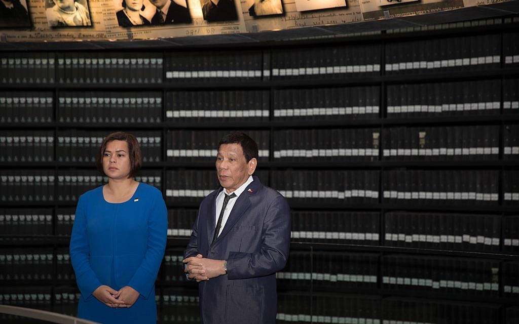 Philippine President Rodrigo Duterte and his daughter Sarah looks up and around at the 'Hall of Names' in the Yad Vashem Holocaust memorial museum in Jerusalem, 03 September 2018. Photo by: JINIPIX Philippine President Rodrigo Duterte and his daughter Sarah looks up and around at the 'Hall of Names' in the Yad Vashem Holocaust memorial museum in Jerusalem, 03 September 2018. Photo by: JINIPIX