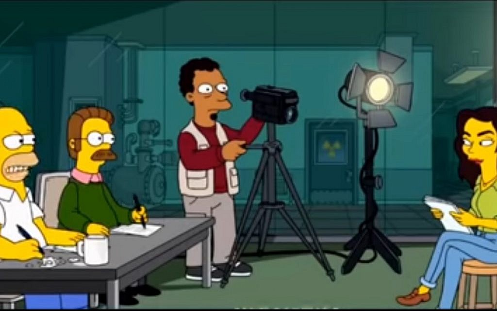 Gal Gadot being interviewed by Homer Simpson and Ned Flanders
