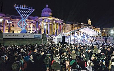 Chanukah in the Square, with the menorah in question on the left. (Credit: Yakir Zur)
