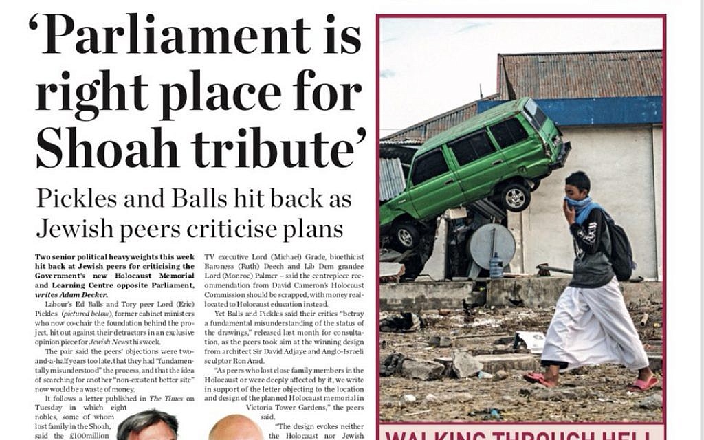 Jewish News' front page covering the row over the Holocaust memorial