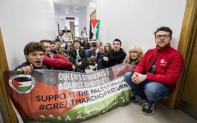 Students hold a sit-in protest at Queen's University, Belfast, during the visit of former Israeli ambassador to the United Kingdom Mark Regev. Photo credit: Liam McBurney/PA Wire
