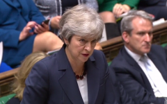 Theresa May during PMQs, responding to a question about Khan al-Amhar Theresa May during PMQs, responding to a question about Khan al-Amhar