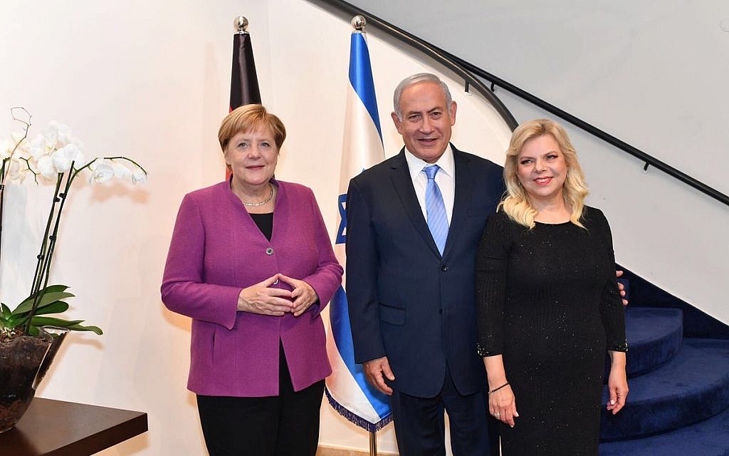Benjamin Netanyahu and his wife Sara with Angela Merkel during her state visit to Israel. Credit: Israeli PM / Benjamin Netanyahu on Twitter.