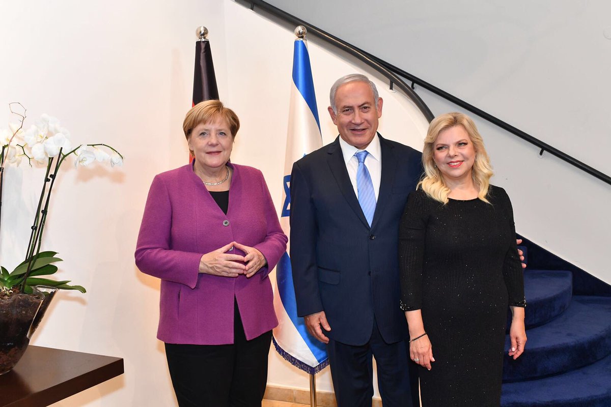 Benjamin Netanyahu and his wife Sara with Angela Merkel during her state visit to Israel. Credit: Israeli PM / Benjamin Netanyahu on Twitter.