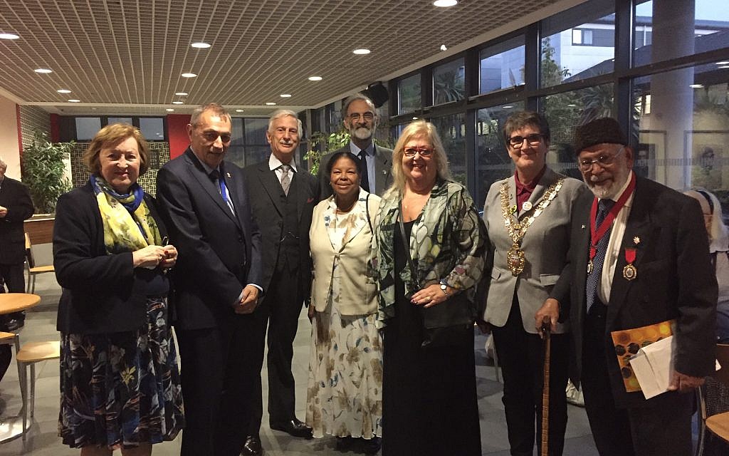 Local representatives at the event marking 50th anniversary of the twinning. L-R: Anita Alexander-Passe Director of UK Friends of the Rambam; Ronnie Barden Chair of London Mayors Association and Hackney Resident; Lt Col R Morriss Dep Lord Lt of Hackney representing HM The Queen;Ruth Boyce Sec of HAIFA Committee; with beard Martin Sugarman Chair of HAIFA Committee Twinnng; Sandra Stanton Vice Chair of HAIFA; Cllr Clare Potter Speaker of Hackney for the Borough; Cllr Salim Siddiqui supporter of the Twinning