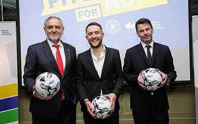 WJC CEO and Executive Vice President Robert Singer, Pitch for Hope UK winner Nick Spooner, and Head of the Chelsea Foundation Simon Taylor. Picture: Gary Perlmutter / World Jewish Congress