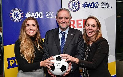 WJC CEO and Executive Vice President Robert Singer, center, with Seren Fryatt (right) and Alyssa Chassman (left), winners of the NY Pitch for Hope competition. (credit: Shahar Azran)