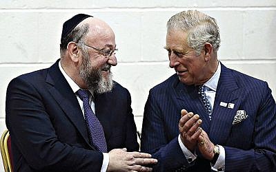 The then Prince of Wales speaks with Chief Rabbi Ephraim Mirvis in 2018.