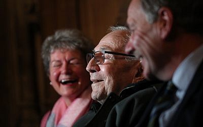 Paul Willer (centre), a Jewish refugee who escaped Germany in 1939, meets Jo Roundell Greene (left), the granddaughter of former prime minister Clement Attlee and Earl Attlee the grandson of Clement Attlee, in the Houses of Parliament. Photo credit: Yui Mok/PA Wire