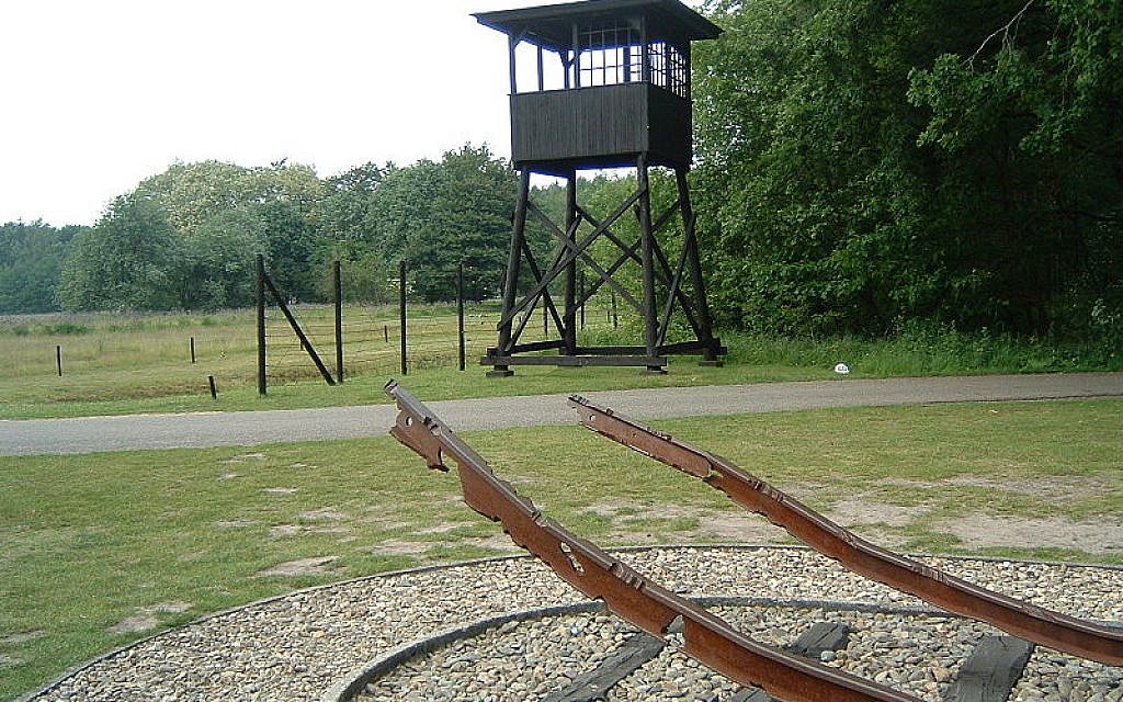A monument at former Nazi transition-camp Westerbork, located in the Netherlands, showing mangled train tracks which brought inmates to the camp