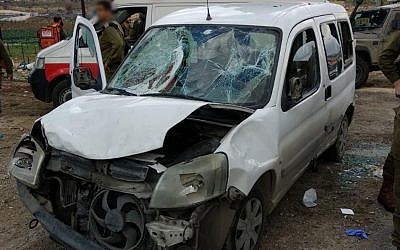 Smashed up car following the ramming incident in the West Bank. Credit: IDF on Twitter