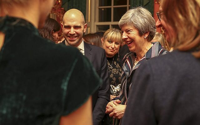 Theresa May with Danny Stone of the Antisemitism Policy Trust, Board of Deputies President Marie van der Zyl and other Jewish leaders as she addressed antisemitism