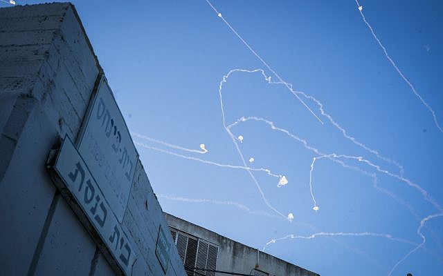Rockets fired from the Gaza Strip are intercepted by the Israeli Iron Dome anti-missile system.