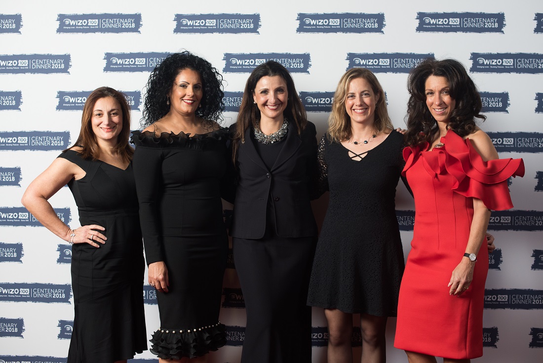 L-R: Vice-Chair Sarah Levy, Chairperson Ronit Ribak-Madari, Jerusalem Councillor Fleur Hassan-Nahoum, Kineret Munitz, Counsellor and Psychotherapist at the Rebecca Sieff Centre and Vice-Chair Ilana Metzger. WIZO UK centenary dinner. Credit: Blake Ezra