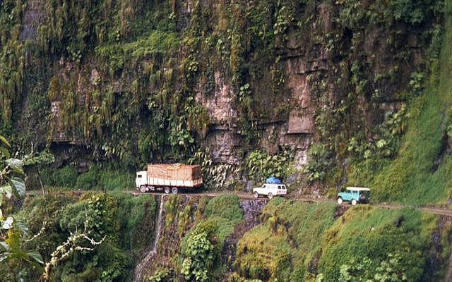 Yungas Road at San Pedro waterfall, Bolivia. Source: Wikimedia Commons