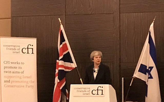 Theresa May addressing CFI. (Credit: Lord Eric Pickles on Twitter)