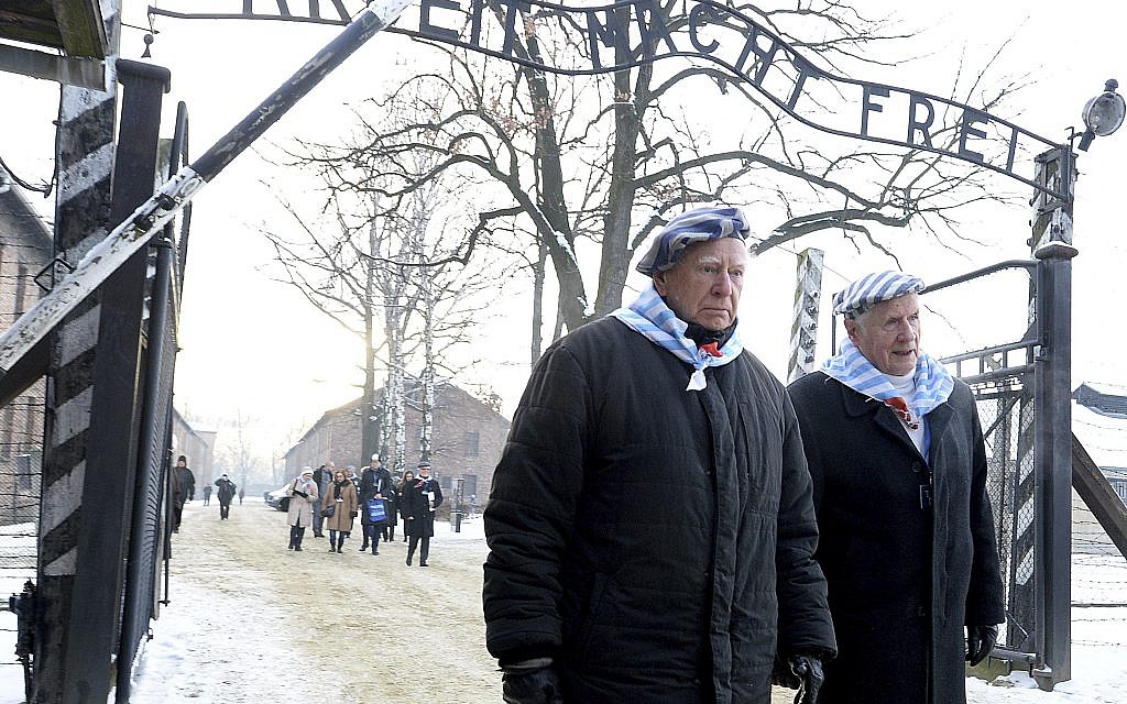 Survivors of Auschwitz gather on the 74th anniversary of the liberation of the former Nazi German death camp in Oswiecim, Poland, on Sunday, Jan. 27, 2019.  (AP Photo/Czarek Sokolowski)
