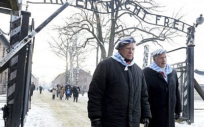 Survivors of Auschwitz gather on the 74th anniversary of the liberation of the former Nazi German death camp in Oswiecim, Poland, on Sunday, Jan. 27, 2019.  (AP Photo/Czarek Sokolowski)