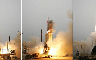 An Arrow anti-ballistic missile interceptor is launched from its mobile platform during a joint Israel/United States developmental test at the Point Mugu Sea Range, California