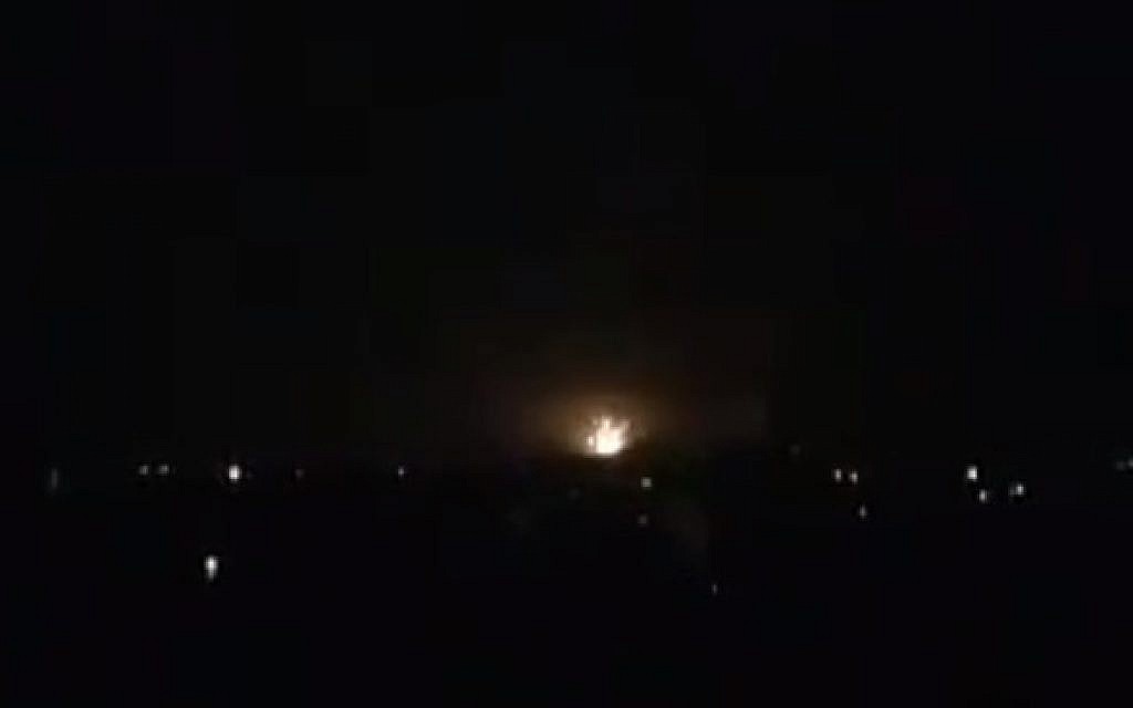 A blast caused by an Israeli airstrike on Iranian targets in the Damascus International Airport on January 11, 2019. (Screen capture: Twitter, via Times of Israel)