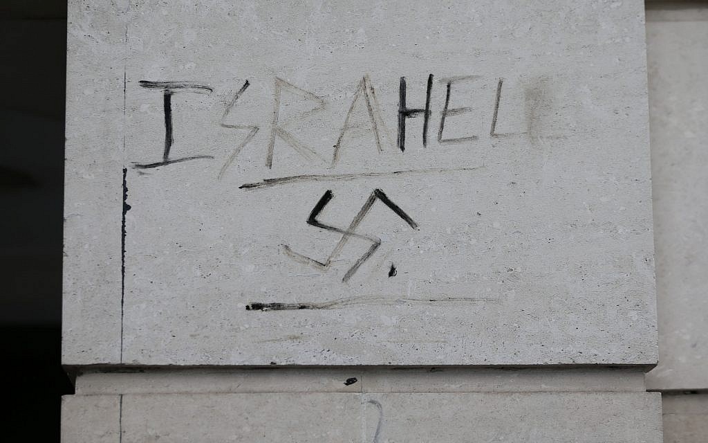 Graffiti saying 'Israhell' next to a swastika on a wall in Victoria, London, as antisemitic incidents rise for a third year in a row. (Photo credit should read: Yui Mok/PA Wire)