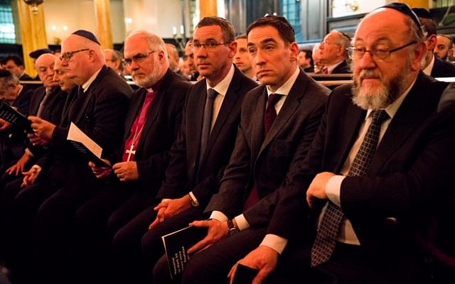 R-L: Chief Rabbi Ephraim Mirvis, Senior Rabbi Joseph Dweck, Ambassador Mark Regev, Rt Revd Graham Kings, Honorary Assistant Bishop in the Diocese of Southwark (Church of England), The Rt Hon. the Lord Pickles, United Kingdom Special Envoy for post-Holocaust issues, David Dangoor and Sabah Zubaida.  (Credit: MART Photography-Tammy Kazhdan)