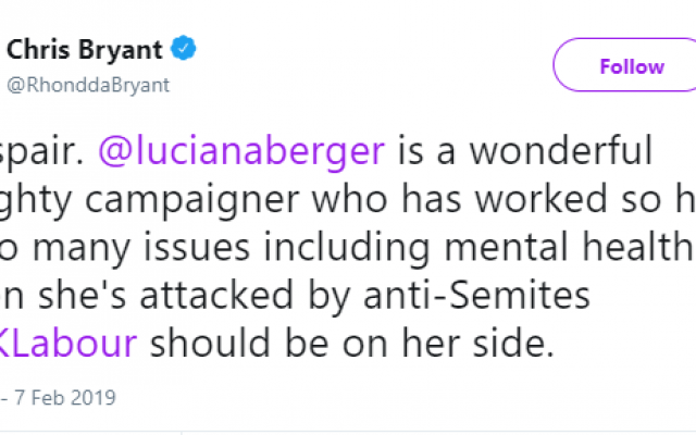 Chris Bryant's tweet of support for Luciana Berger, after a no-confidence vote was tabled