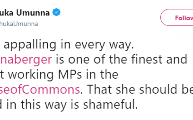 Chuka Umuna's 's tweet of support for Luciana Berger, after a no-confidence vote was tabled