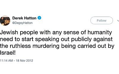 Controversial tweet sent by Derek Hatton