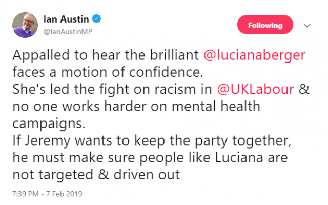 Ian Austin's tweet of support for Luciana Berger, after a no-confidence vote was tabled