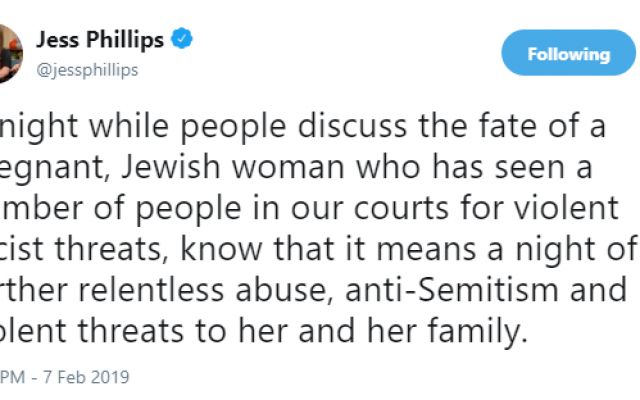 Jess Phillips's tweet of support for Luciana Berger, after a no-confidence vote was tabled