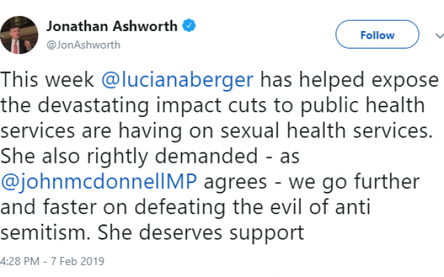 John Ashworth's tweet of support for Luciana Berger, after a no-confidence vote was tabled