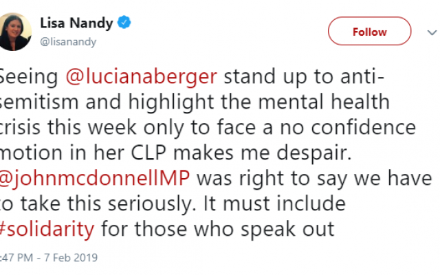 Lisa Nandy's tweet of support for Luciana Berger, after a no-confidence vote was tabled