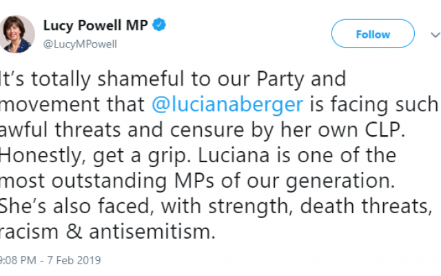 Lucy Powell's tweet of support for Luciana Berger, after a no-confidence vote was tabled