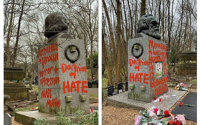 Picture courtesy of Maxwell Blowfield, of the grave of Marxist philosopher Karl Marx in Highgate Cemetery, London, which has been defaced for the second time this month, with slogans such as 'doctrine of hate'. Photo credit: Maxwell Blowfield/PA Wire