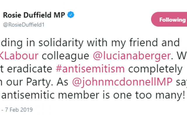 Rosie Duffield's tweet of support for Luciana Berger, after a no-confidence vote was tabled