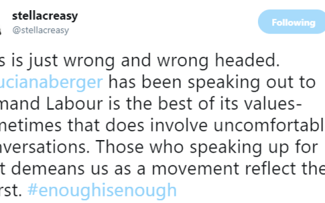 Stella Creasy's tweet of support for Luciana Berger, after a no-confidence vote was tabled