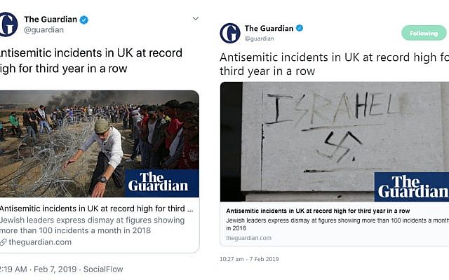 Before and after: The Guardian caused outrage after using a picture of the Gaza border to illustrate antisemitism rising in Britain
