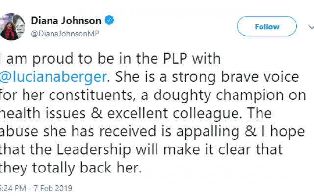 Diana Johnson's tweet of support for Luciana Berger, after a no-confidence vote was tabled