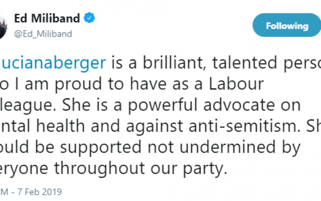 Ed Miliband's tweet of support for Luciana Berger, after a no-confidence vote was tabled