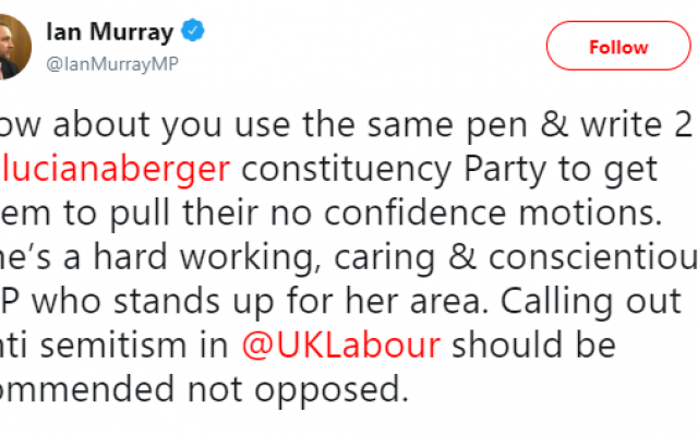 Ian Murray's tweet of support for Luciana Berger, after a no-confidence vote was tabled