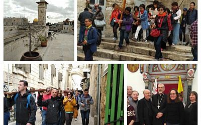 Top left: View from Ecce Homo convent in Muslim quarter of old city, At the holy sepulchre, Christian pilgrims on the via dolorosa and with the Latin Patriarch and ICCJ delegation HE Archbishop Pierbatista Pizzaballa  (Jewish News)