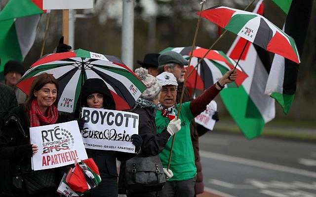 People take part in a Boycott the Eurovision in Israel protest organised by Palestinian rights campaigners at RTE Studios in Dublin. PRESS ASSOCIATION Photo. Picture date: Friday March 8, 2019. See PA story IRISH Eurovision. Photo credit should read: Brian Lawless/PA Wire
