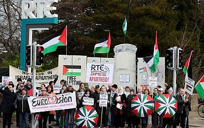 People take part in a Boycott the Eurovision in Israel protest organised by Palestinian rights campaigners at RTE Studios in Dublin. Photo credit: Brian Lawless/PA Wire