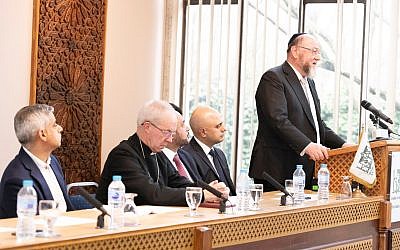 Chief Rabbi Ephraim Mirvis addressing London Central Mosque on Monday, with Sadiq Khan, London Mayor, Sajid Javid, Home Secretary, and Justin Welby, the Archbishop of Canterbury alongside him