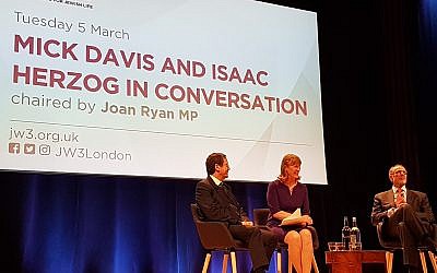 Joan Ryan (centre) hosting the event at JW3 with Sir Mick Davis (right) and Isaac Herzog (left) (Credit:  Raymond Simonson)